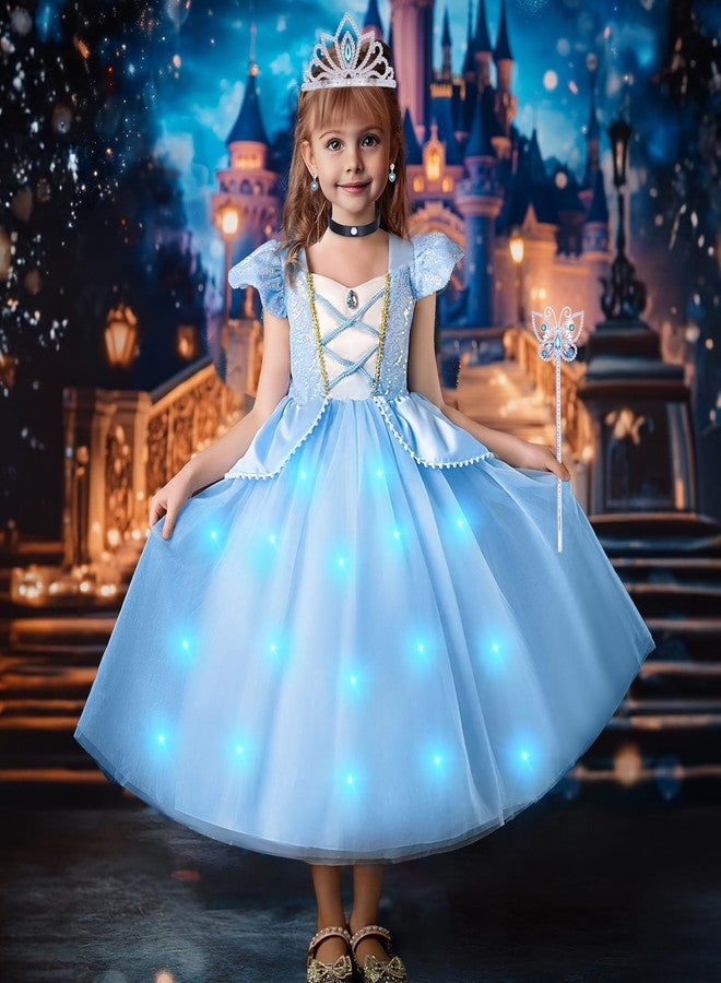 G.C Cinderella Costume for Girls Kids Light Up Dress Up Clothes with Toys Accessories Crown Wand Earrings Necklace Gloves Halloween Princess Party Cosplay Outfit for Girls 5-6 - Image 2